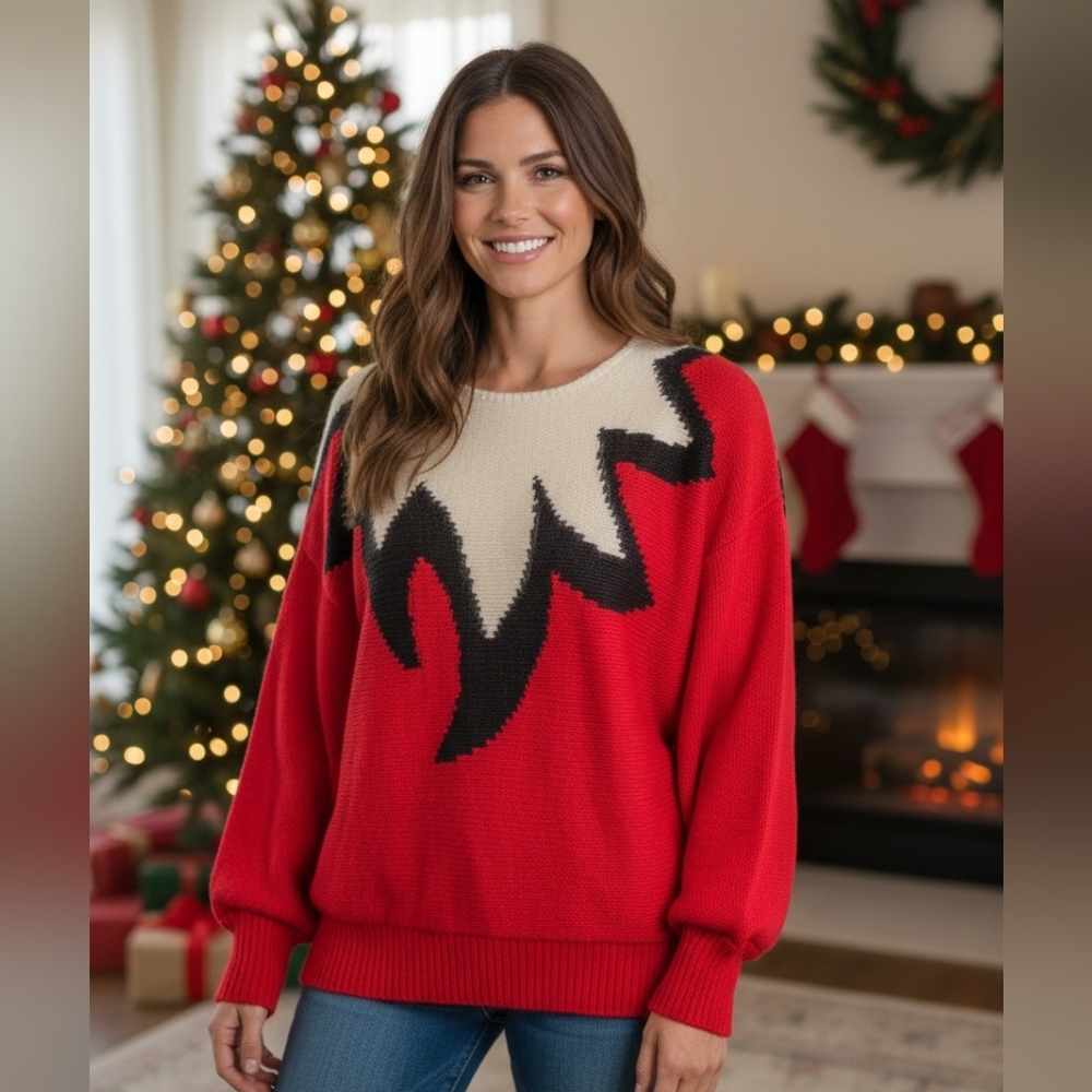 Vintage Spirt Womens Red Knit 80 New Wave UGLY christmas Sweater Sz L